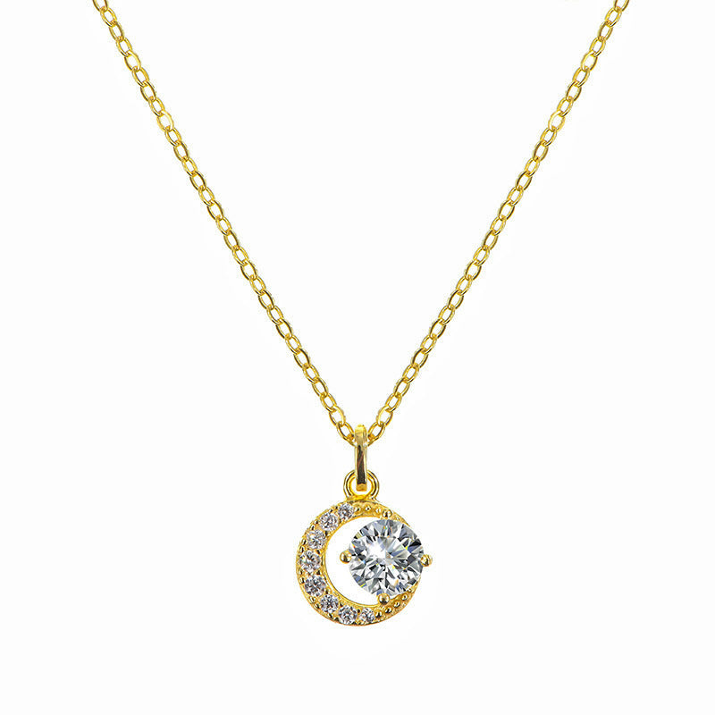 S925 Sterling Silver Plated 14K Gold Crescent Moon Pendant Necklace