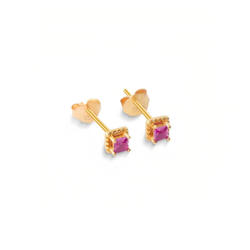 S925 Sterling Silver Plated 14K Gold Micro Inlaid Small Zirconia Ruby Stud Earrings