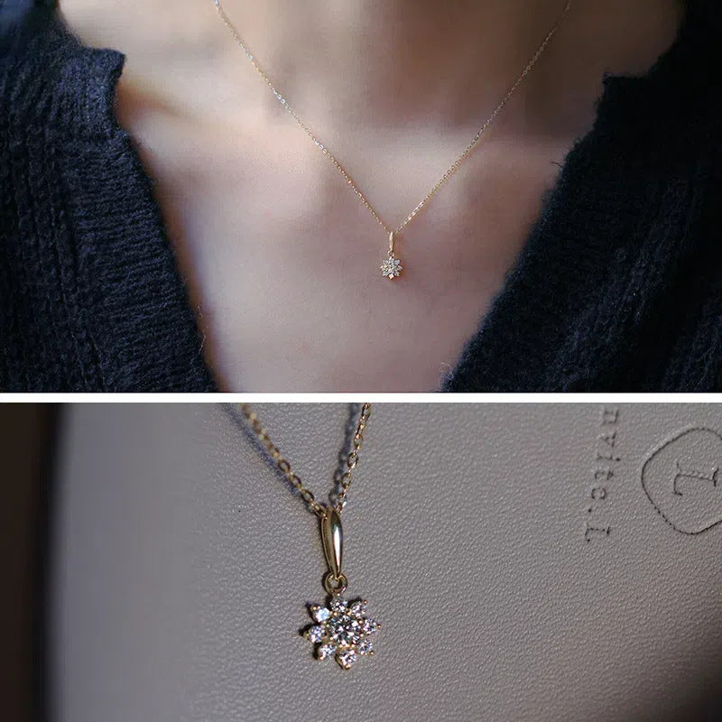 S925 Sterling Silver Plated 14K Gold Classic Snowflake Shape Necklace