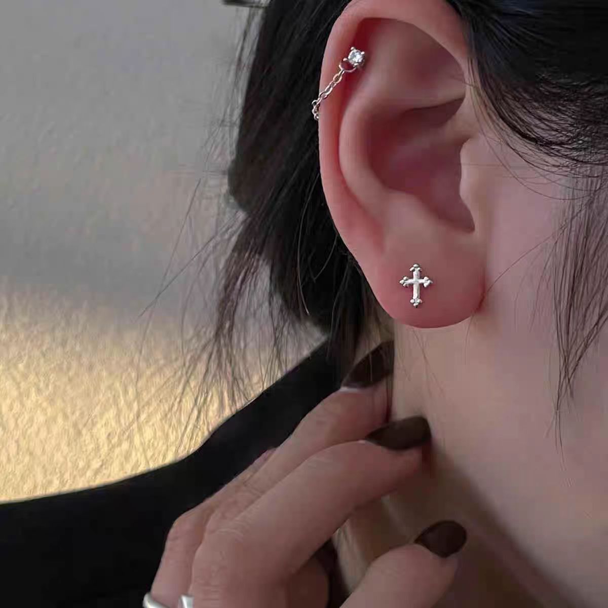 S925 Sterling Silver Plated 14K Gold Personalized Trendy Mini Cross Earrings Unisex