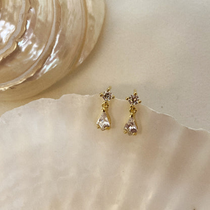 S925 Sterling Silver Plated 14K Gold Water Drop Zirconia Diamond Stud Earrings