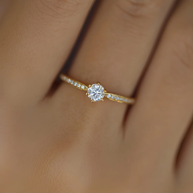 S925 Sterling Silver 18K Gold Plated Classic Six-Prong Diamond Ring for Women
