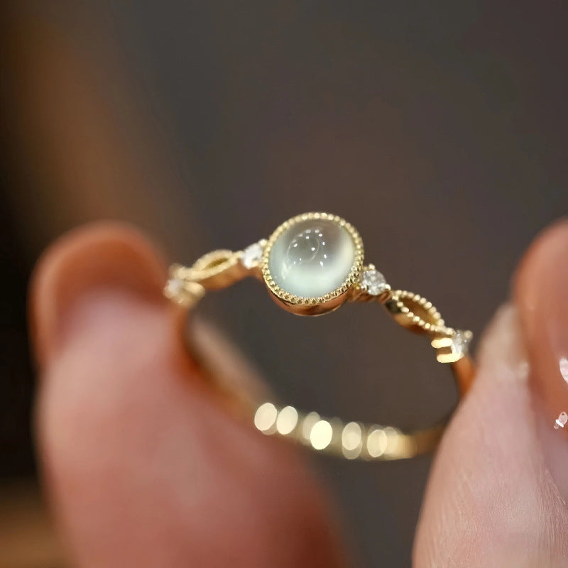 S925 Sterling Silver Plated 14K Gold Natural Ice White Chalcedony Ring