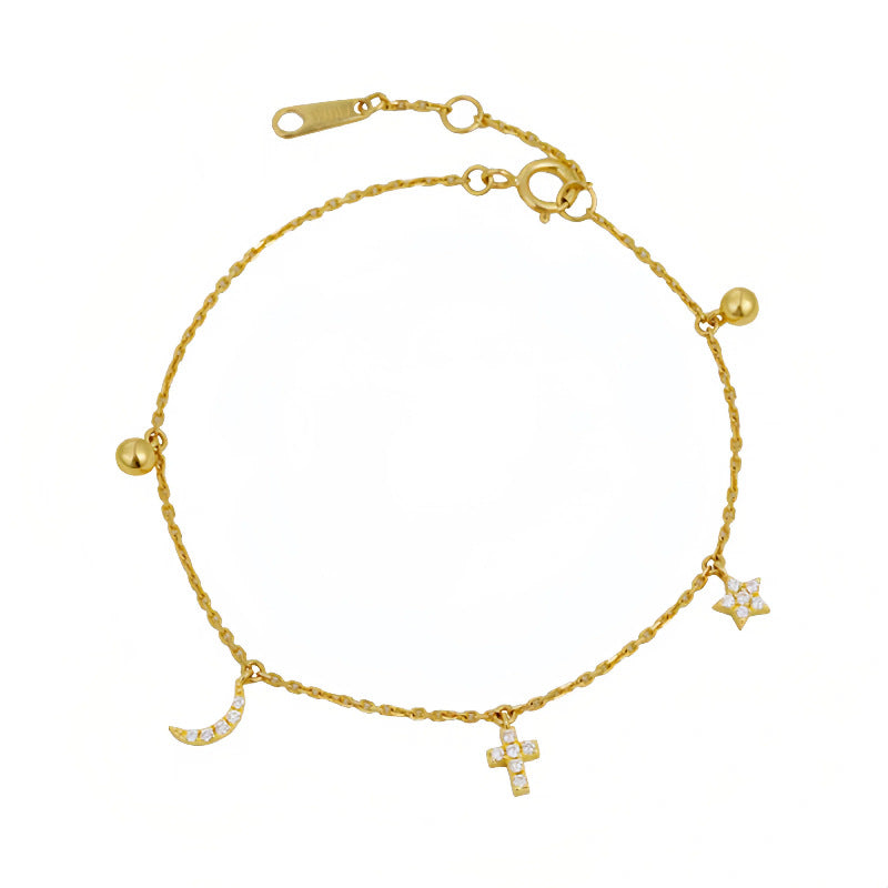 S925 Sterling Silver Plated 16K Gold Star Moon Bracelet for Women, Niche Design, Ins Style, Star Moon Cross Personality Jewelry