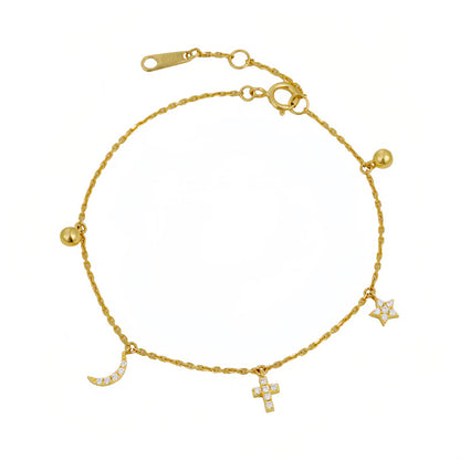 S925 Sterling Silver Plated 16K Gold Star Moon Bracelet for Women, Niche Design, Ins Style, Star Moon Cross Personality Jewelry