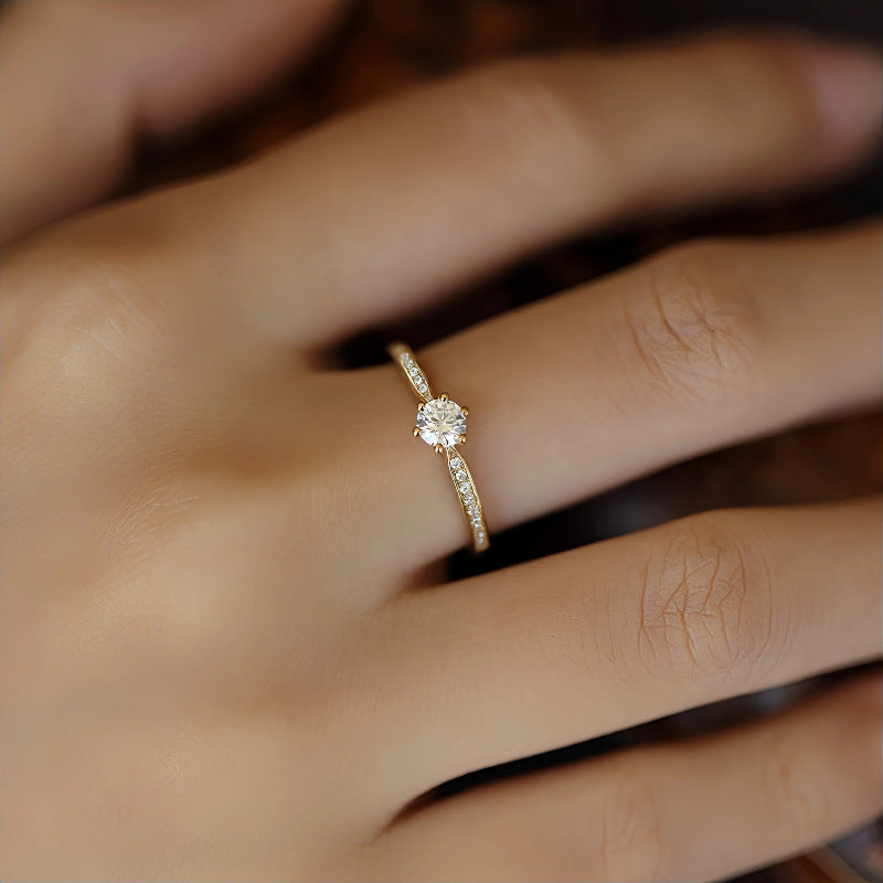 S925 Sterling Silver 18K Gold Plated Classic Six-Prong Diamond Ring for Women