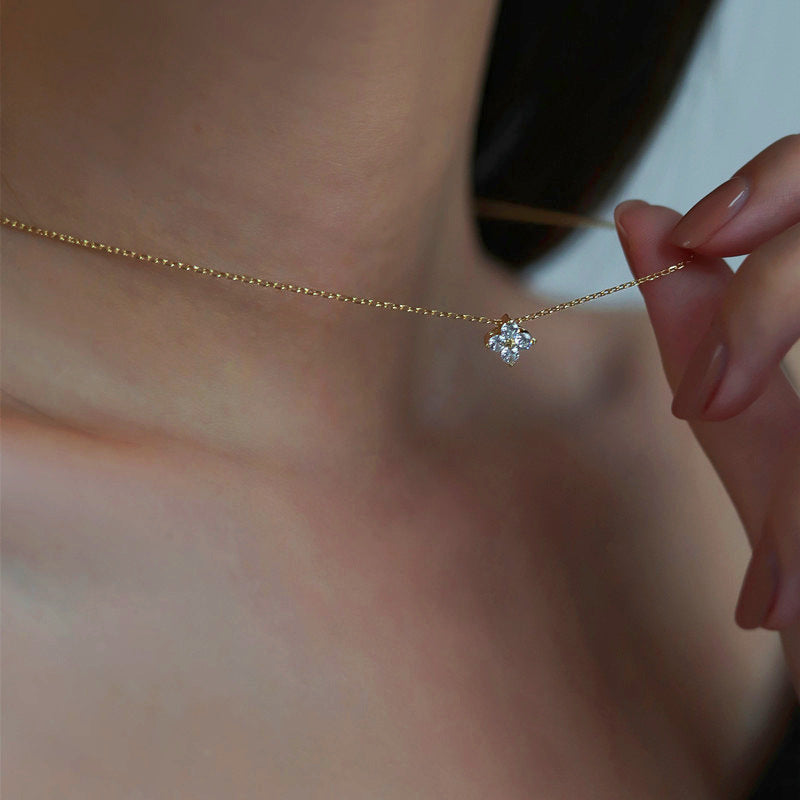 S925 Sterling Silver Plated 14K Zirconia Diamond Gold Classic Four-leaf Clover Collarbone Necklace