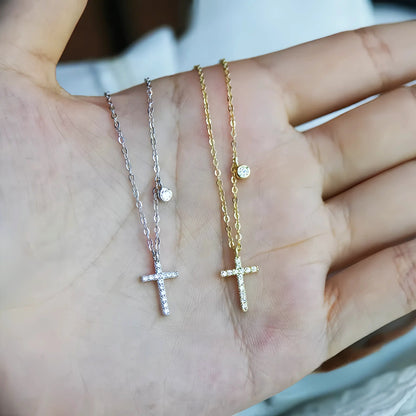 S925 Sterling Silver Plated 14K Gold Full Diamond Cross Collarbone Necklace
