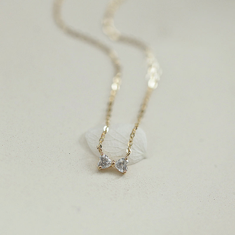 S925 Sterling Silver Plated 14K Gold Necklace Mini Love Heart Bow Collarbone Chain