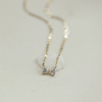 S925 Sterling Silver Plated 14K Gold Necklace Mini Love Heart Bow Collarbone Chain