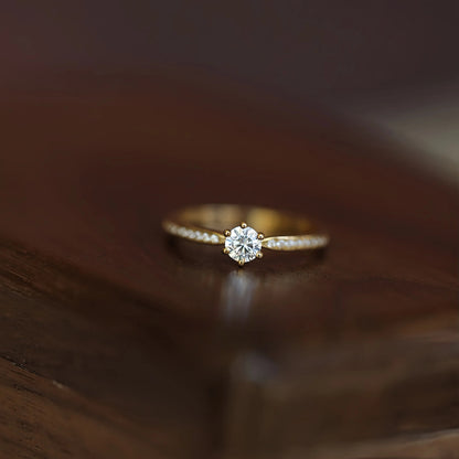 S925 Sterling Silver 18K Gold Plated Classic Six-Prong Diamond Ring for Women