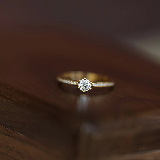 S925 Sterling Silver 18K Gold Plated Classic Six-Prong Diamond Ring for Women