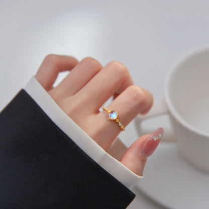 S925 Sterling Silver Gold Plated Female Ring Dreamy Blue Light Moonstone Ring