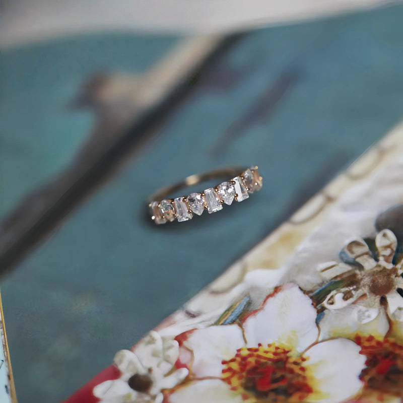 S925 Sterling Silver 18K Gold Plated Pear-shaped Trapezoid Row Diamond Zircon Ring