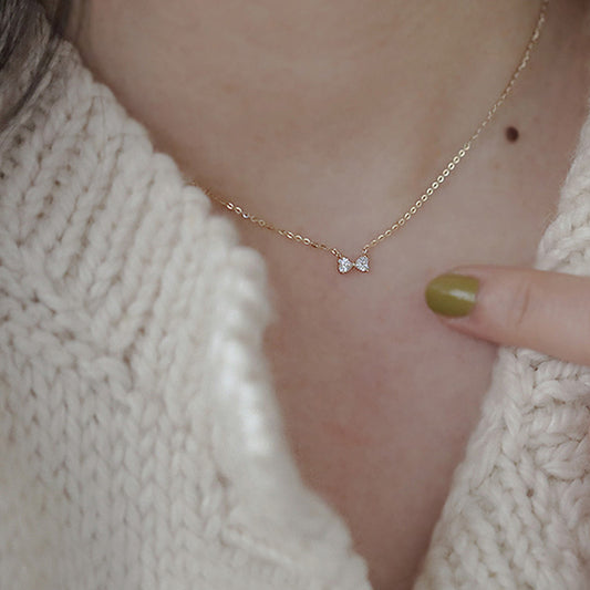 S925 Sterling Silver Plated 14K Gold Necklace Mini Love Heart Bow Collarbone Chain