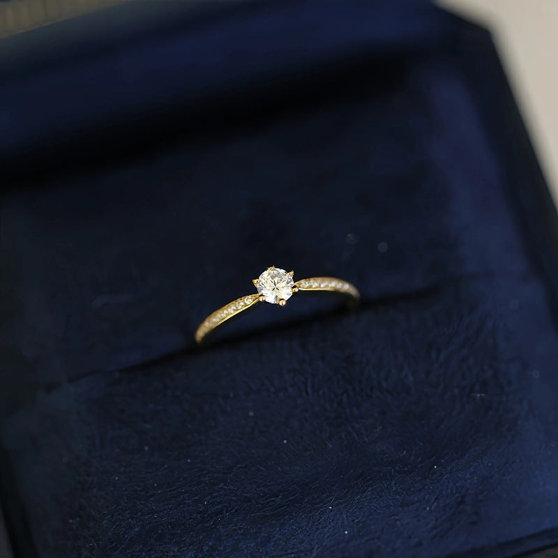 S925 Sterling Silver 18K Gold Plated Classic Six-Prong Diamond Ring for Women