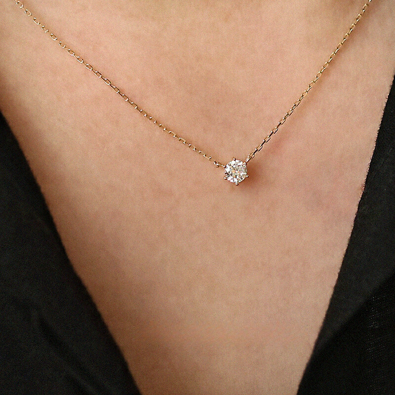 S925 Sterling Silver Plated 14K Gold Classic Single Diamond Necklace Six Claw Zircon Clavicle Chain