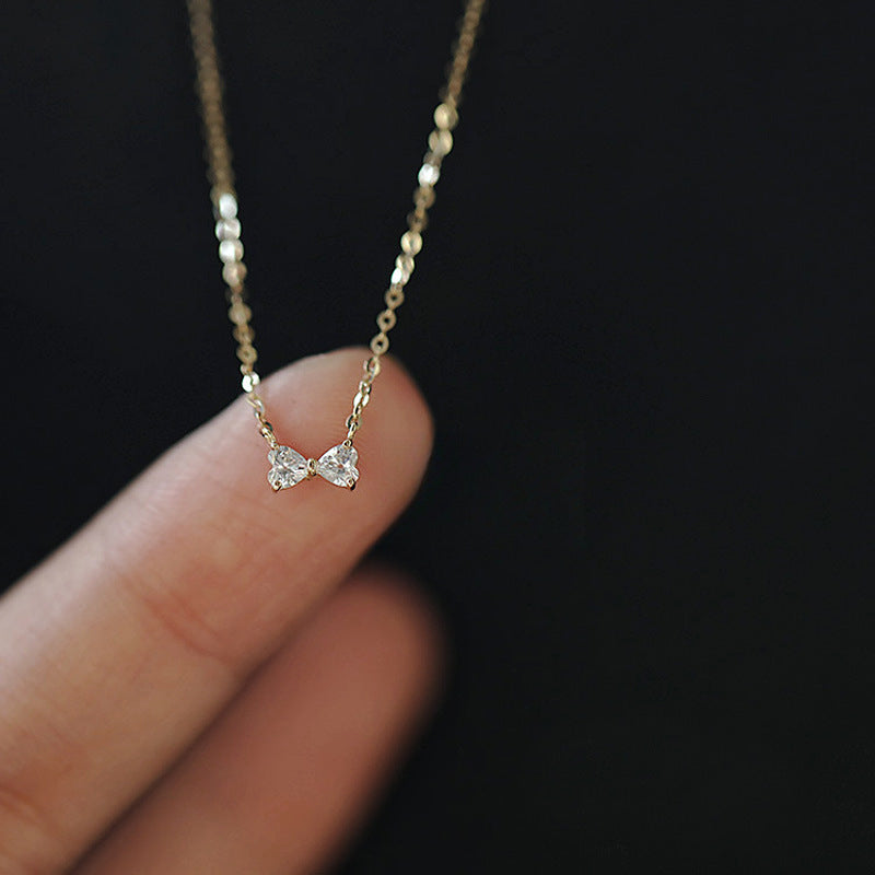 S925 Sterling Silver Plated 14K Gold Necklace Mini Love Heart Bow Collarbone Chain