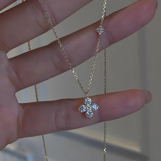 S925 Sterling Silver Plated 16K Gold Twin Four-leaf Clover Necklace