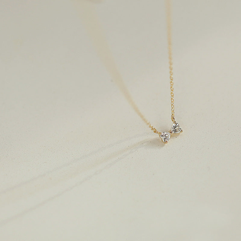 S925 Sterling Silver Plated 14K Gold Necklace Mini Love Heart Bow Collarbone Chain
